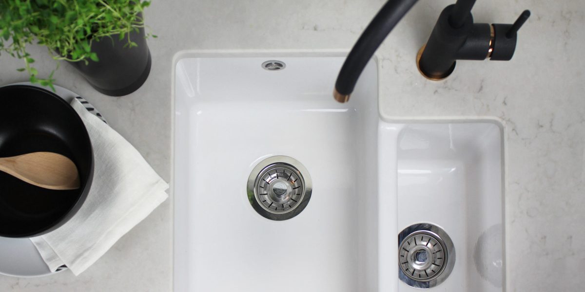Caesasrtone London Grey Undermount Ceramic Sink Black Tap 2400x1200